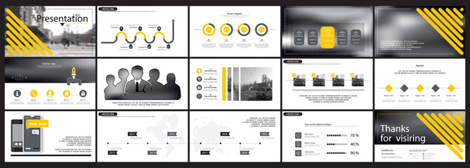 Presentation template. Elements of infographics on a white background. Business slide. Strip design is yellow. Use as a postcard, annual report, marketing services. Development of advertising banners