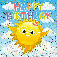 Joyful sun and a wish for a happy birthday against a blue sky with clouds.