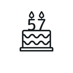 Birthday cake line icon with candle number 57 (fifty-seven). Vector.