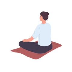 Woman practicing yoga on mat, meditating in lotus asana. Meditation, calm and peaceful relax of person. Tranquil yogi during spiritual relaxation. Flat vector illustration isolated on white background