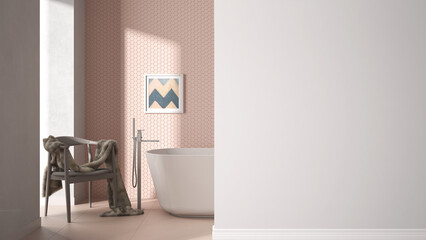 Modern pastel bathroom with bathtub on a foreground wall, tiles and armchair, decors, interior design architecture idea, concept with copy space, blank background