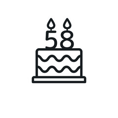Birthday cake line icon with candle number 58 (fifty-eight). Vector.