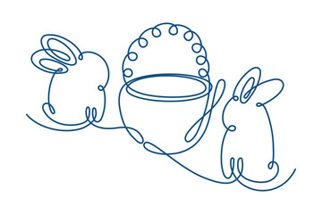 Rabbits continuous line. Hand drawn cute bunny with a basket on a white background. Happy easter.