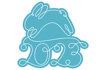 Water rabbit symbol of the year 2023. Bunny sticker continuous line. Hand drawn cute illustration on a white background. 