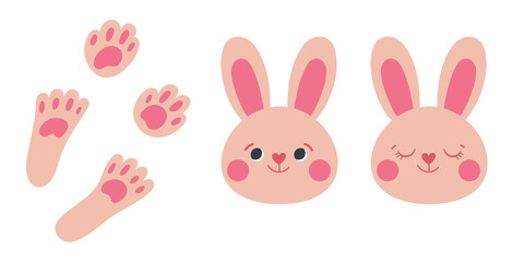 Rabbit paws. Pink bunny in cartoon style on white background. 
