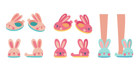 Cute bunny slippers. Fluffy rabbit home shoes. A cozy accessory for children. Illustration isolated on white background