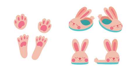 Rabbit slippers. Bunny paws. Fluffy shoes. A cozy accessory for children. Illustration isolated on white background