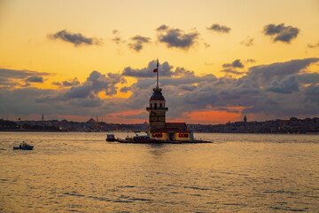 Maidens Tower at sunset, İstanbul. Beautiful clouds with blue sky. Historical light house of İstanbul