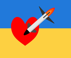 Vector of Ukraine flag showing attack by Russia. Ukraine-Russia war concept. Damage to Ukraine by Russian arms and Ammunition.