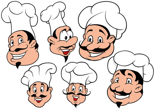 Set of Six Chef's Heads - Colored Illustrations Isolated on White Background, Vector