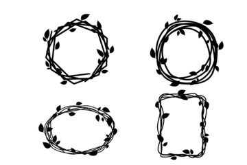 Set Elegant floral frame, border silhouette in hand drawn doodle style isolated on white background. Wreath decoration, delicate clip art