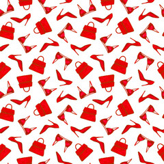 Seamless pattern with high heels glamour shoes, fashion bag, sexy bra. Hand drawn red pattern isolated on white background. Design for textile, wrapping paper, curtains, clothes, home decor.