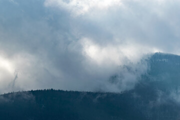 Gęste chmury nad górskim zboczem, mgła w lesie.