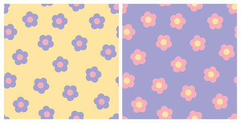 Set of simple retro flowers seamless repeat pattern backgrounds. Random placed, vector cute floral all over prints.