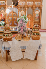 Beautiful wedding cake decorated with flowers, cake close up and blur background