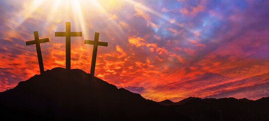 Easter background banner panorama religious greeting card Crucifixion and Resurrection. Three...