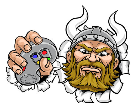 Viking Gamer Video Game Controller Mascot Cartoon