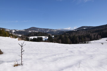 Zimowy krajobraz, śnieg, góry, drzewa, błękitne niebo. - obrazy, fototapety, plakaty