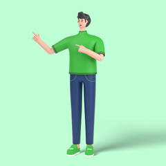3d male character pointing with two hands and fingers to the side.
