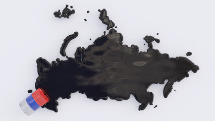 Map of russia formed by crude oil spill splash from a barrel colored as russian federation flag