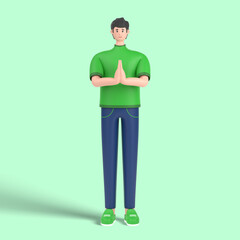 3d male character greeting with hands together. saying namaste gesture sign