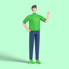 3d male character having great idea, finding inspiration or solution to problem, pointing finger up