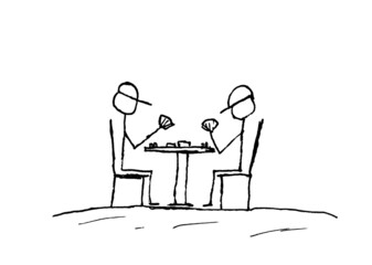 two stick figure construction workers sit at a table and play a card game
