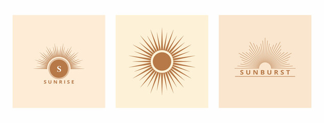 Hand drawn logo of Sun, sunburst, light rays in line art. Bohemian symbol bursting sun rays. Magic talisman, antique style, boho, tattoo, logo. Vector set illustration.