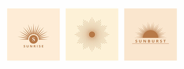 Hand drawn logo of Sun, sunburst, light rays in line art. Bohemian symbol bursting sun rays. Magic talisman, antique style, boho, tattoo, logo. Vector set illustration.