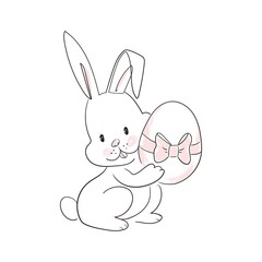 Easter Bunny with an egg,willow and flowers. Linear stock  illustration isolated on white background,outline easter rabbit.