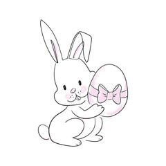 Easter Bunny with an egg,willow and flowers. Linear stock vector illustration isolated on white background,outline easter rabbit.