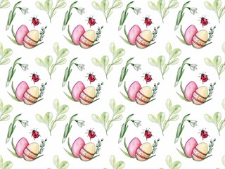 Happy Easter seamless pattern with watercolor Easters characters. Hand drawn cute Easter painted eggs, ladybug, flowers. 