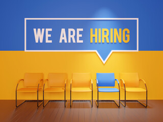 We are hiring Ukrainians workers, waiting room with ukraine flag colors on walll