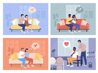 Reassuring during panic episode flat color vector illustration set. Sudden and intense feeling of anxiety. Panic attack 2D simple cartoon characters collection with furnished room on background