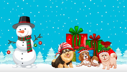 Christmas snowman and dogs on snowy blue background