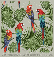 Seamless pattern Hand drawn Macaw birds and tropical leaves