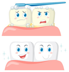 Set happy tooth brushing itself with a toothpaste on white background