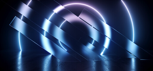 Cyber Neon Circles Glowing Glass Frosted Panels Triangle Blue Purple Vibrant Fluorescent Laser Lights Glowing Dark Corridor Hallway Room Glossy Concrete Grunge Stage Podium 3D Rendering © IM_VISUALS