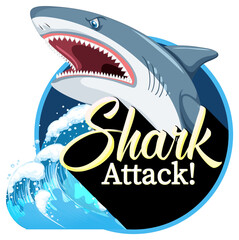 A Marine logo with big blue shark and Shark attack text