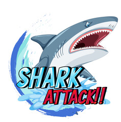 A Marine logo with big blue shark and Shark attack text