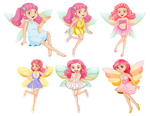 Set of different beautiful fairy girl cartoon character