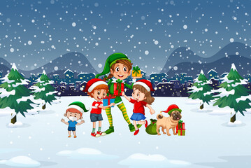 Snowy christmas night scene with elves and children