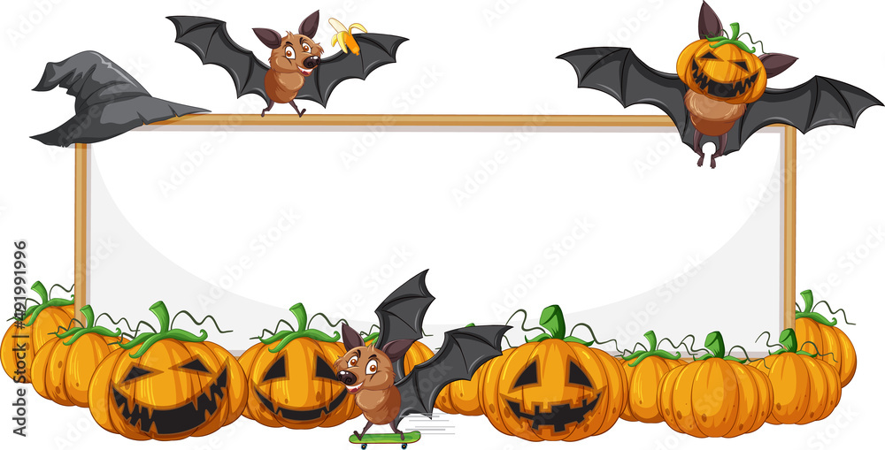 Wall mural blank wooden signboard with bat in halloween theme