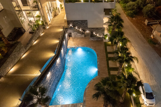 Above View Of A Hotel Swimming Pool In The Night