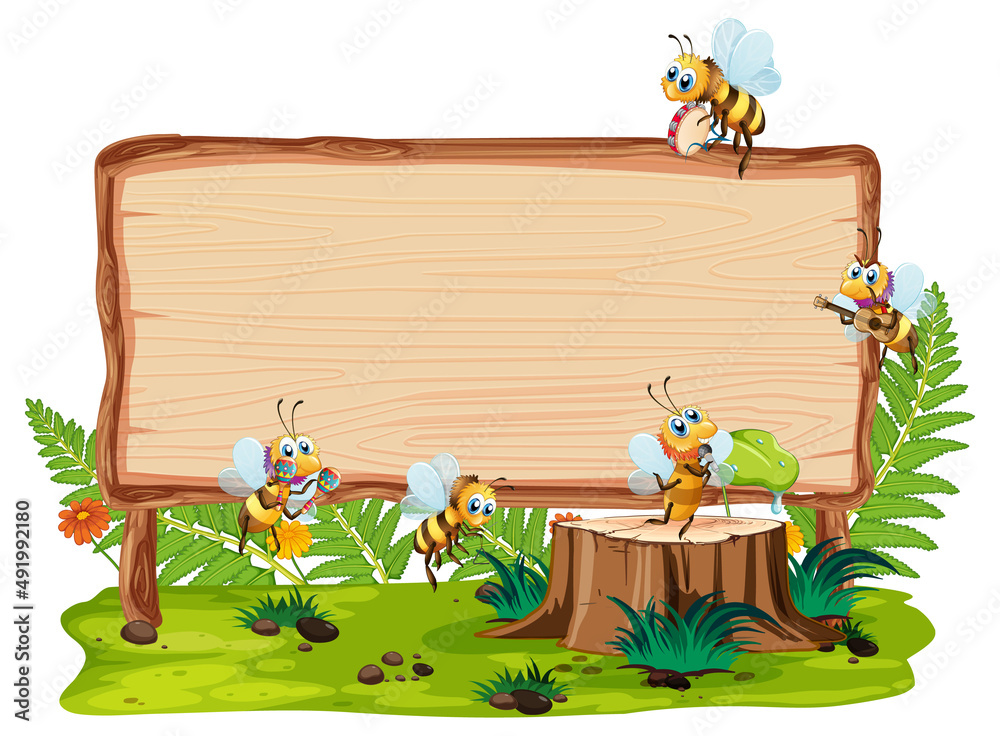 Poster Blank wooden signboard with bee cartoon