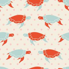 Cute vector seamless pattern with colorful turtles on a polka dot background. Perfect for kids clothing or cute nursery projects. Also adults will love them! Matching patterns are available. 