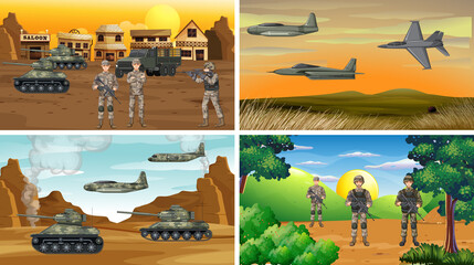 Set of different army war scenes