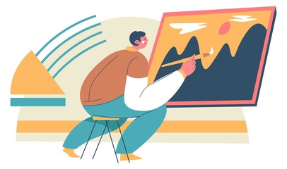 Man artist drawing painting, mountain landscape