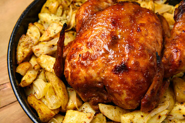 roasted potatoes and baked chicken meat in a frying pan, cooked food, delicious crust, one object on a wooden background
