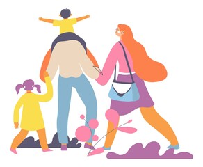 Family walking in park, spring stroll outdoors